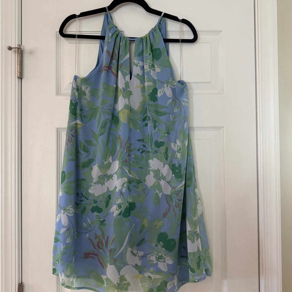 Water Color Blue & Green Floral Halter Formal Spring Summer Event Guest Dress